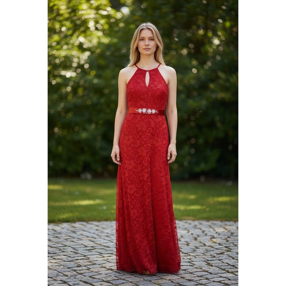 VTG Red Formal  Lace Maxi Dress SZ S Sleeveless Halter Jeweled Y2K Prom Retro
